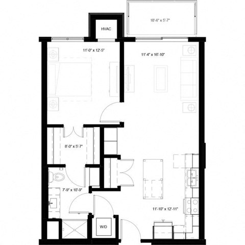 Floor plan for 1 bed, 1 bath, 751 sqft